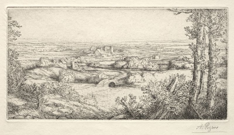 A Valley in Burgundy de Alphonse Legros, óleo sobre tela que retrata uma paisagem serena com luz e sombra.