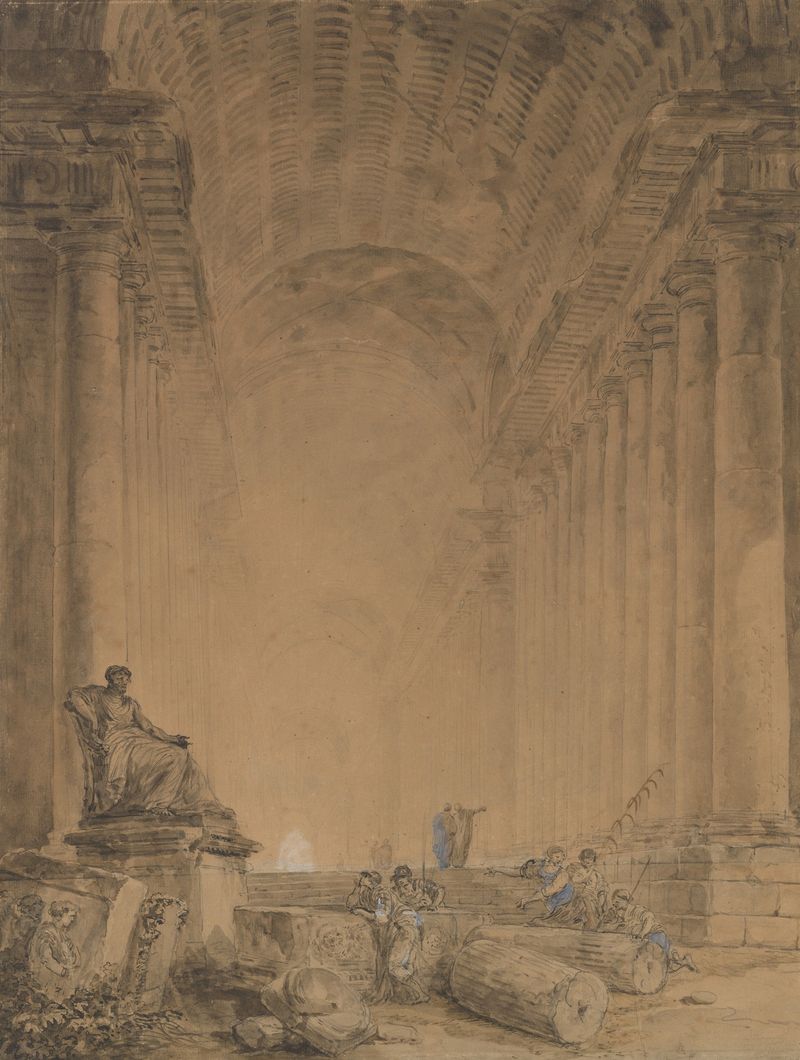 Figures in a Colonnade, óleo sobre lienzo de Hubert Robert, con columnas y luz filtrada.