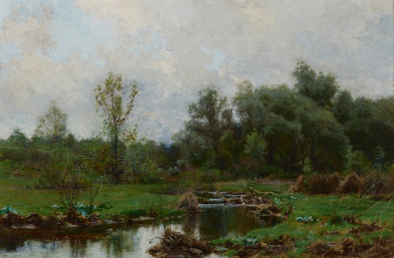 Oil painting by Hugh Bolton Jones depicting a river with sunlight reflecting on the water.