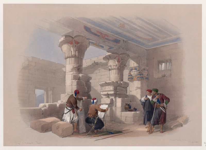 Pintura a óleo Dayr el Medeeneh de David Roberts representando ruínas no deserto e um céu dramático.