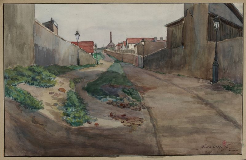 Pintura a óleo de paisagem de F. Séguin mostrando um campo verde sob a luz dourada do sol.