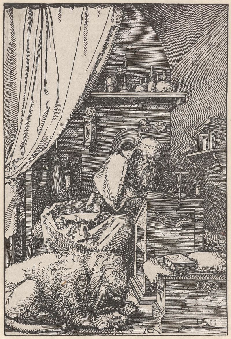Grabado de Albrecht Dürer de San Jerónimo en su estudio, 1511, en papel