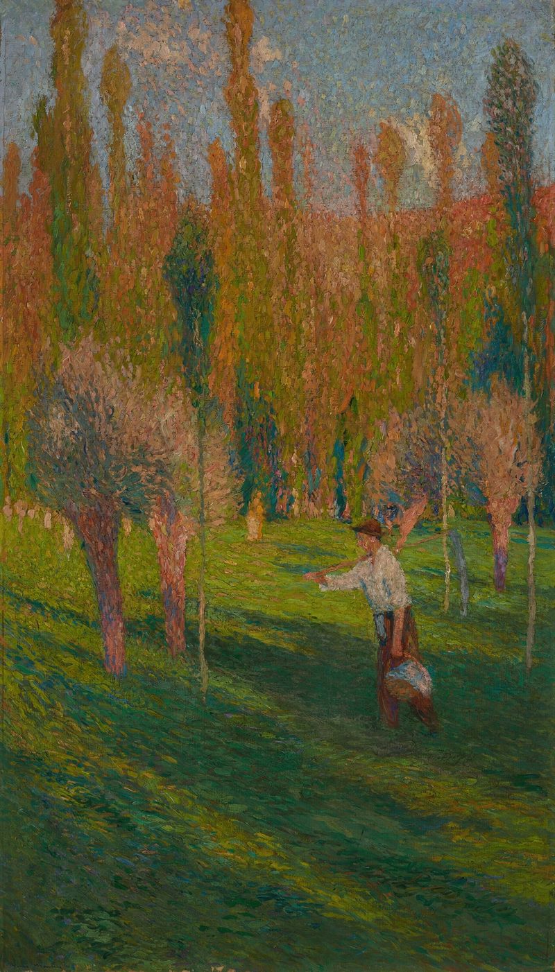 Faucheur rentrant du travail, óleo sobre lienzo de Henri Martin que representa un cosechador en un paisaje al atardecer.