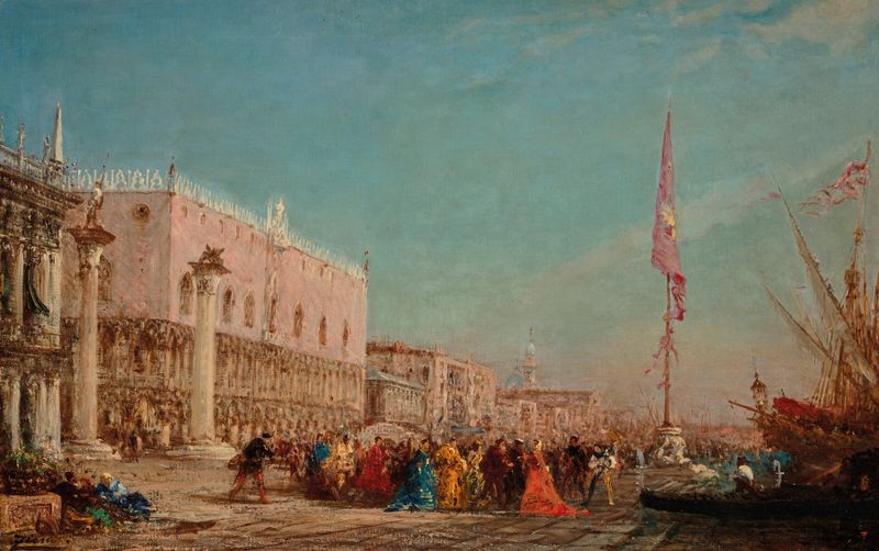 Cena marinha com um navio no porto, pintura a óleo de Félix Ziem