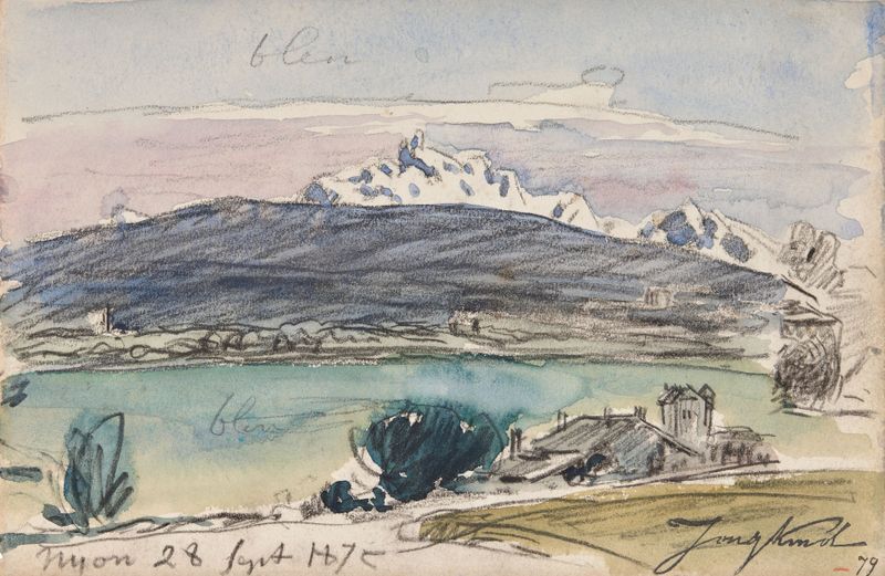Paysage de Nyon de Johan Barthold Jongkind, pintura a óleo que retrata colinas e o Lago de Genebra ao pôr do sol