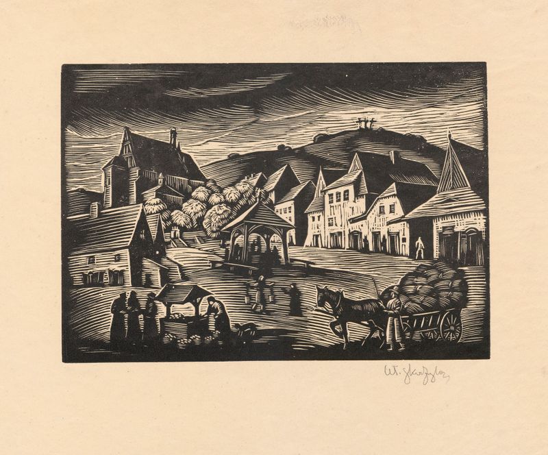 Genre scene with figures and wheat, oil painting by Władysław Skoczylas