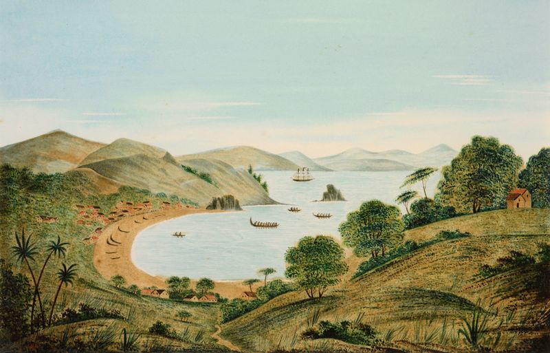 Cena marinha na Kororareka Beach, pintura a óleo de Thomas Gardiner
