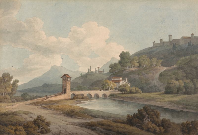 Landscape with a bridge over a river, oil painting by Francis Towne