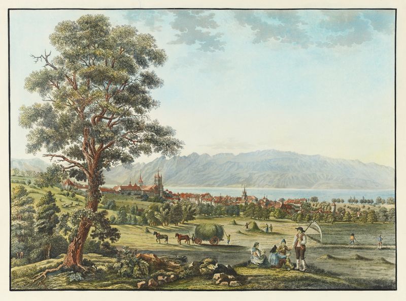 Pintura a óleo de paisagem de David Alois Schmid mostrando o Lago de Genebra com luz do sol e montanhas.
