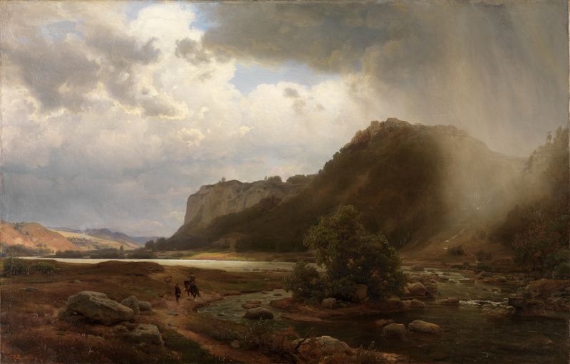 Flußlandschaft de Karl Friedrich Lessing, óleo sobre tela representando uma paisagem de rio tranquila.