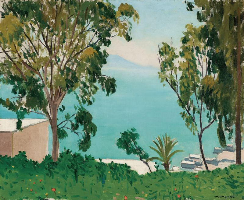 Pintura al óleo de paisaje de Albert Marquet con árboles de eucalipto y playa.