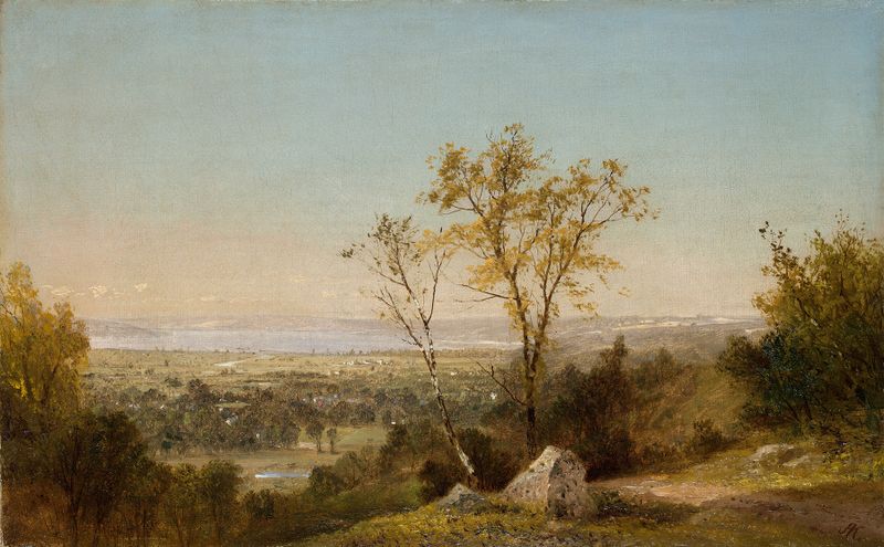 Pintura al óleo de Lake Champlain de John Frederick Kensett que muestra aguas serenas al amanecer