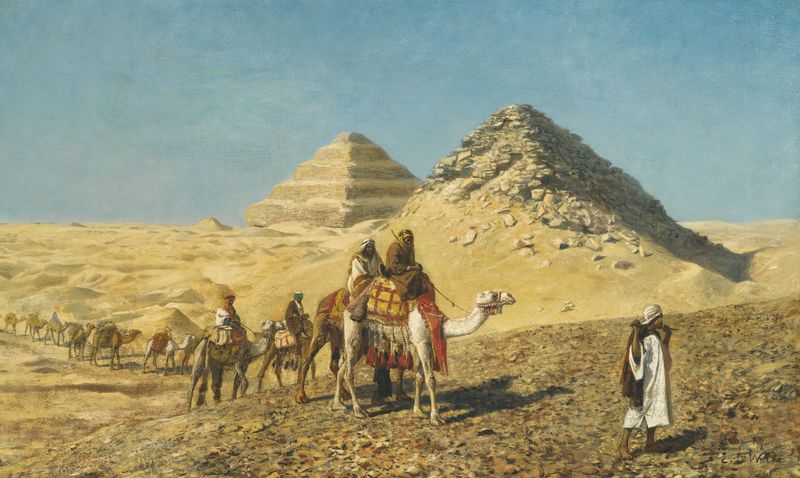 Camel caravan in a desert landscape with pyramids, oil on canvas by Edwin Lord Weeks.