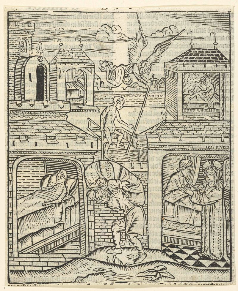 Cena religiosa de um homem sendo curado, trabalho em papel de Master of Delft