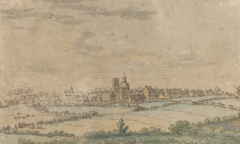 View of Scherpenheuvel by Josua de Grave, oil on canvas depicting hills and clouds.