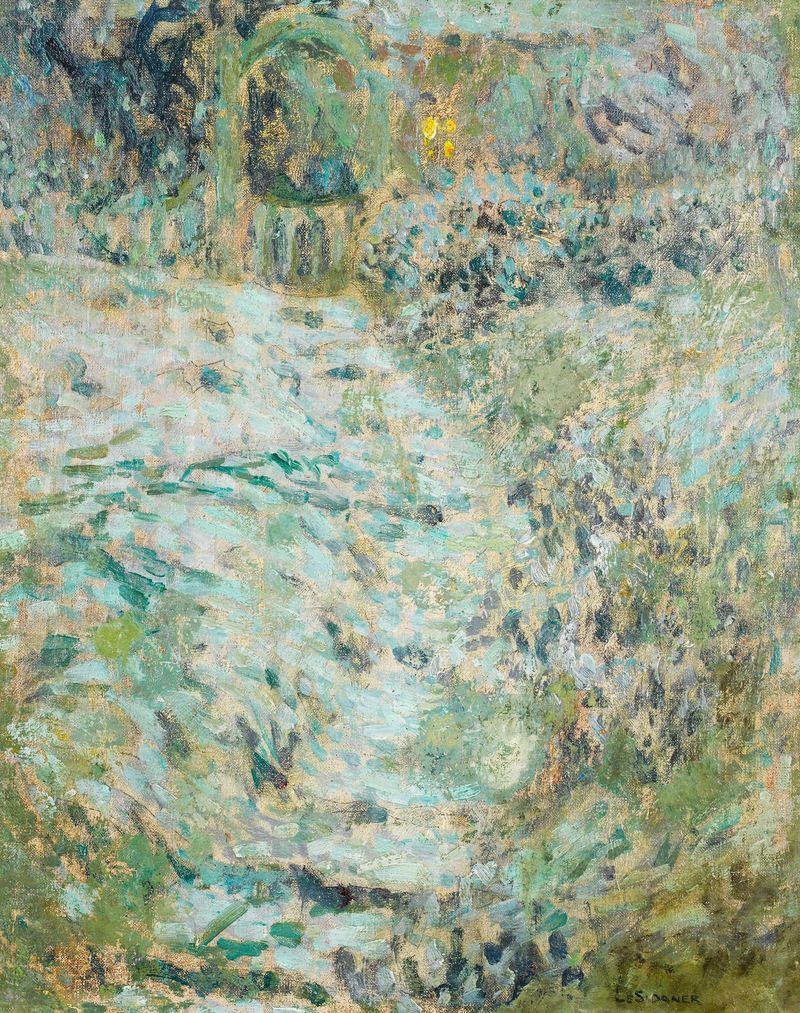 Escalier dans le jardin – sans la neige à Gerberoy de Henri Le Sidaner, óleo impresionista de una escalera de jardín.