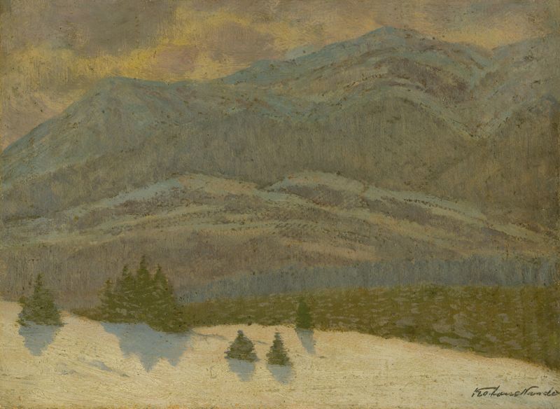 Paisagem de Ferdinand Katona, óleo sobre tela, apresentando colinas e cores vibrantes.