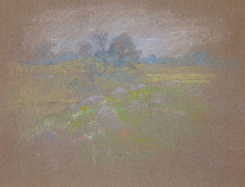 Chestnuts de John Henry Twachtman, óleo de un castaño silueteado contra un cielo oscurecido