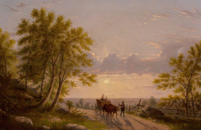 Figurative scene of a solitary figure walking a path at twilight by William Rickarby Miller