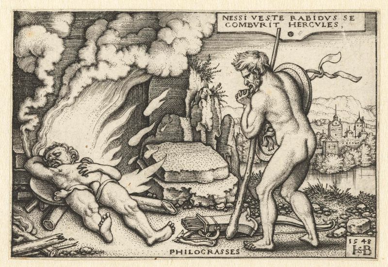 Grabado de Hans Sebald Beham que muestra a Hércules en una pira.