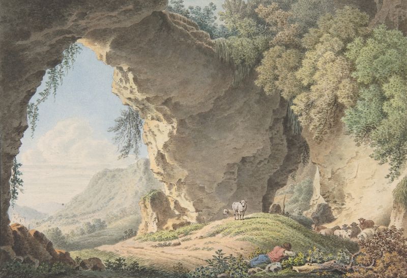 Paisagem rochosa com um pastor dormindo, pintura a óleo de Philip Heinrich Dunker
