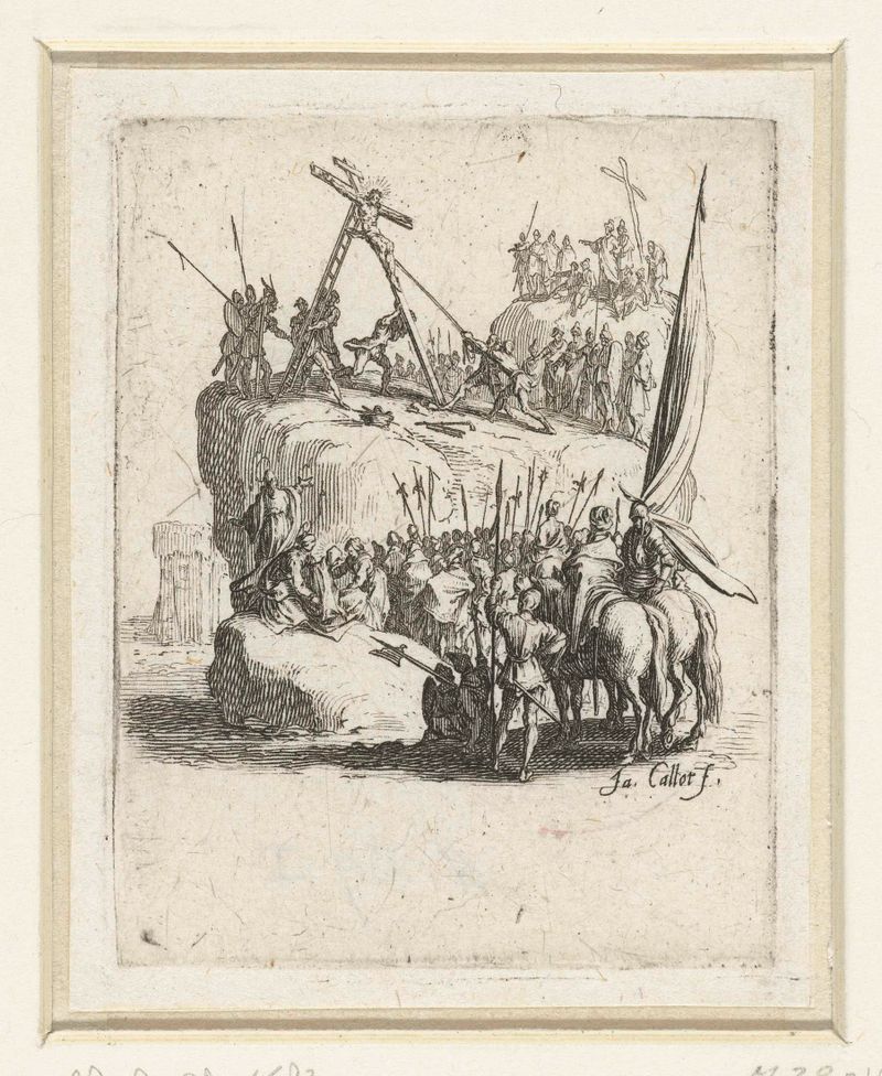 Gravura de Kruisoprichting de Jacques Callot mostrando uma figura com os braços levantados em luz e sombra