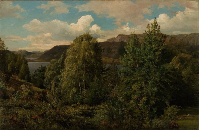 Fra Skogsfjord, Mandal de Amaldus Nielsen, óleo sobre lienzo que muestra un paisaje tranquilo.