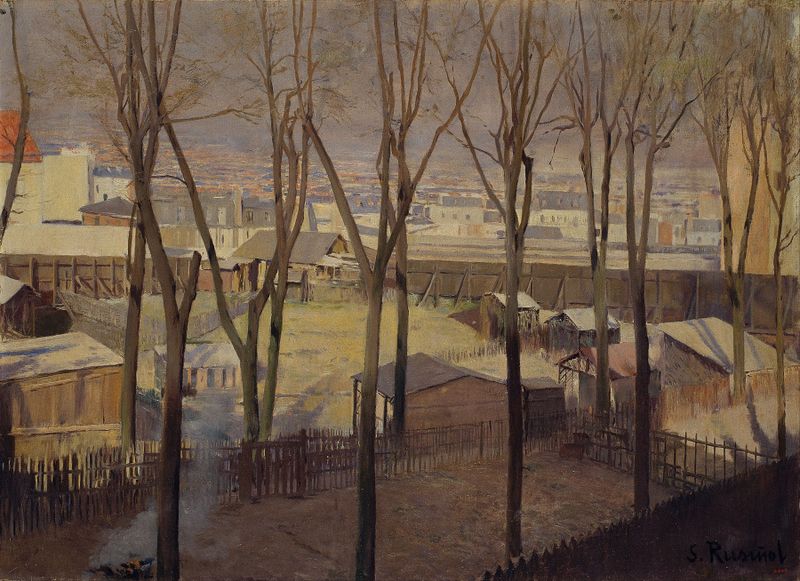 La Butte de Santiago Rusiñol, óleo sobre tela, mostra uma mulher de branco em uma paisagem vibrante.