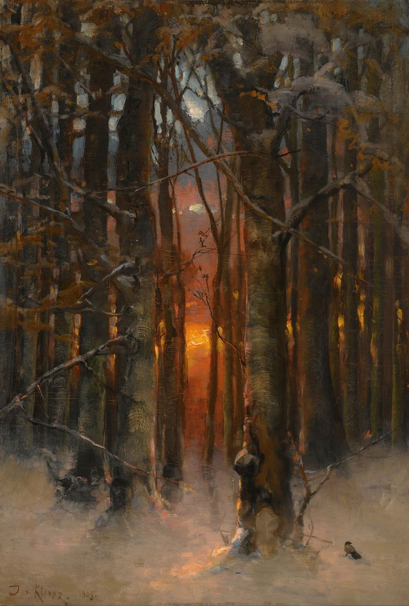 Sunset Through The Trees, pintura a óleo de Julius Sergius Klever, retratando árvores ao anoitecer.