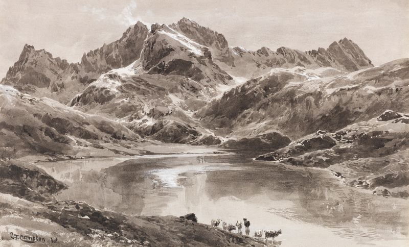 Paisagem de Zürsersee refletindo Wildgrubenspitze, pintura a óleo de Edward Theodore Compton