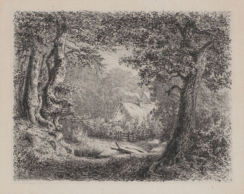 Paisagem com uma Casa de Campo de Adolf Dressler, óleo sobre tela, apresentando uma casa pitoresca e vegetação exuberante.