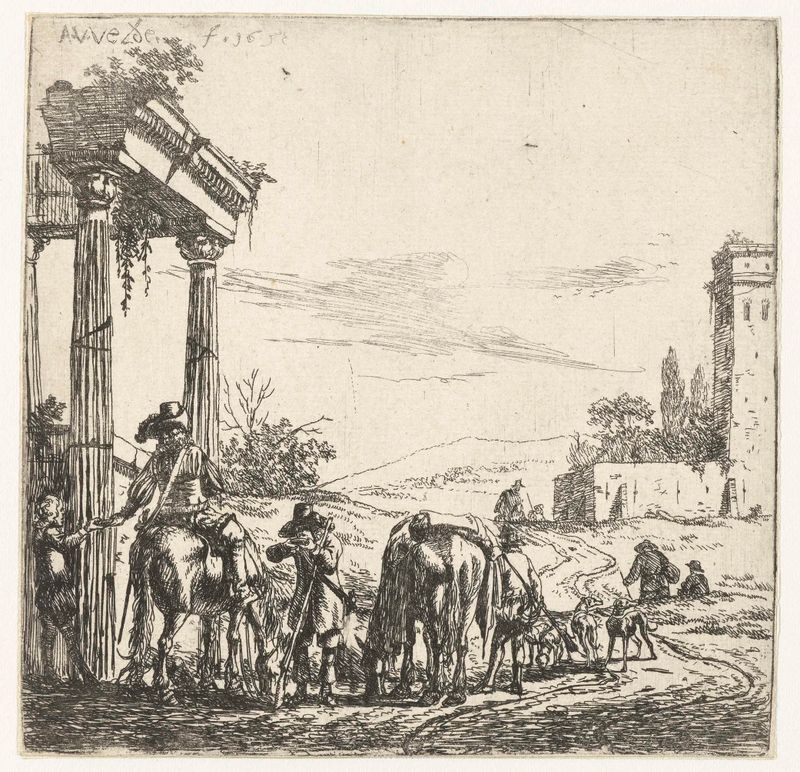 Grabado de Adriaen van de Velde que muestra cazadores cerca de ruinas en un paisaje exuberante