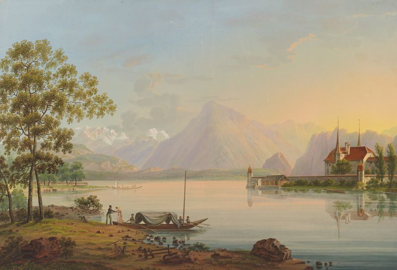 Landscape with a shimmering lake by Johann Ludwig Bleuler, oil painting