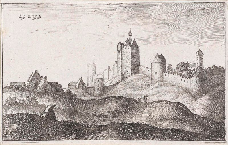 Landschap met stadsmuren bij Brussel, grabado de Wenceslaus Hollar que muestra un paisaje sereno con murallas