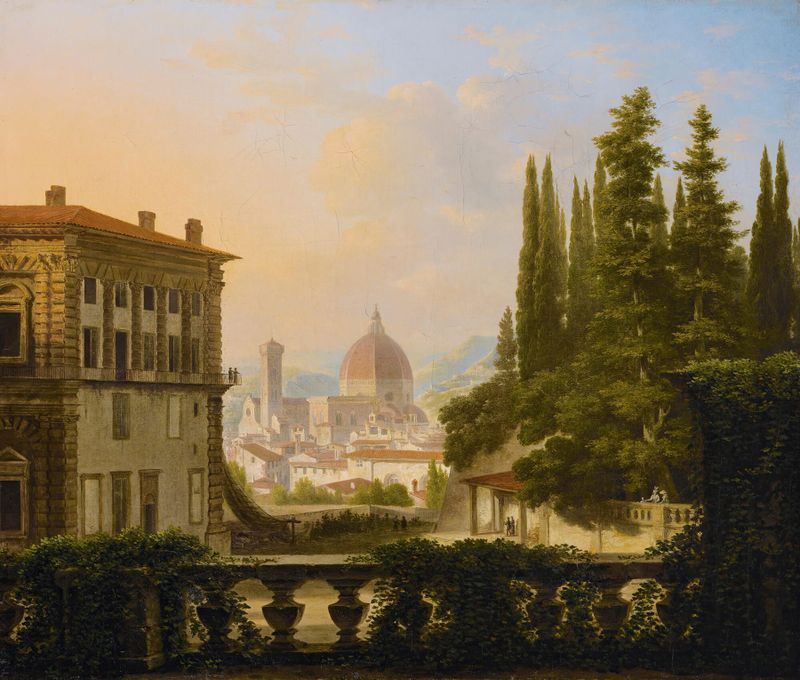 Landscape of Florence at dusk with cypress trees by Lancelot-Théodore Turpin de Crissé