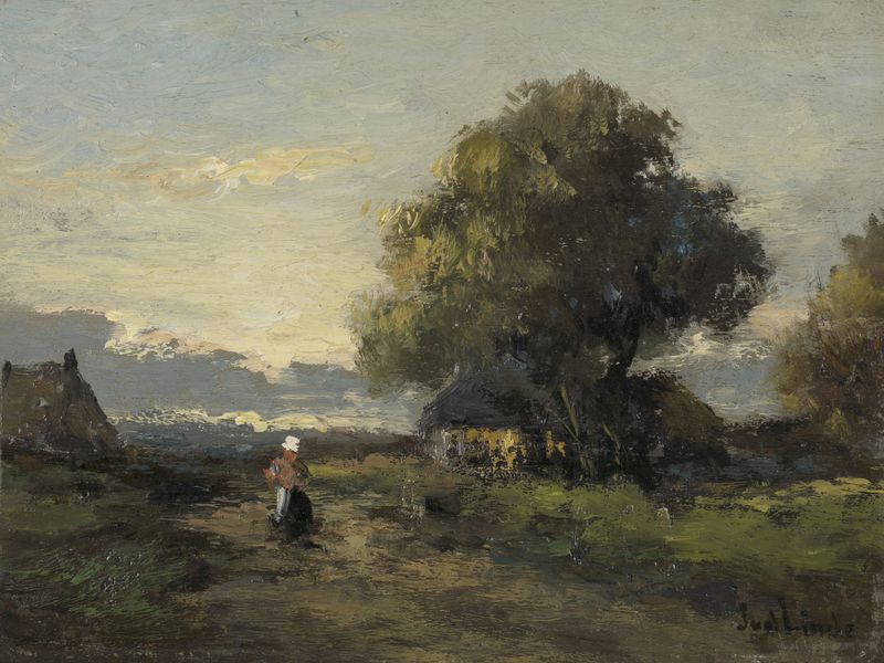 Paisagem com Fazendas de Jan van der Linde, realismo, retratando campos tranquilos e fazendas