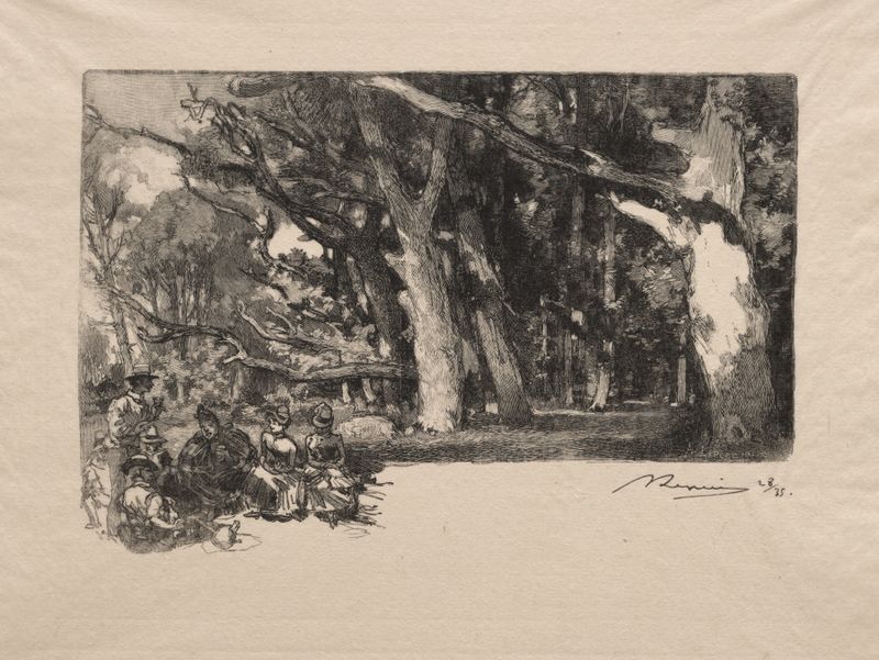 Grabado de Auguste Louis Lepère que representa un paisaje forestal con luz filtrada.