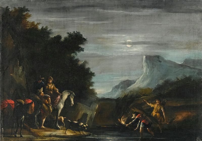 Paisaje iluminado por la luna con viajeros cruzando un arroyo, óleo sobre lienzo de Emilian School.