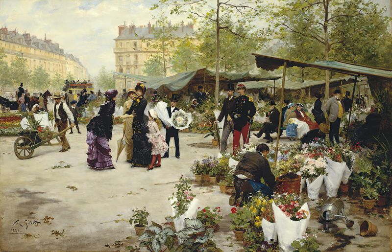 El Mercado Inferior, París de Victor Gabriel Gilbert, óleo sobre lienzo que representa una escena de mercado bulliciosa.