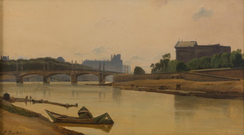 Oil on canvas by Prosper Barbot depicting the Seine with a bridge and reflections