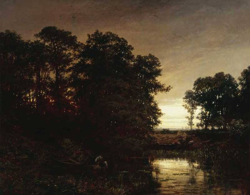 Waterside landscape de Charles François Daubigny, óleo sobre lienzo con un río sereno y vegetación exuberante.