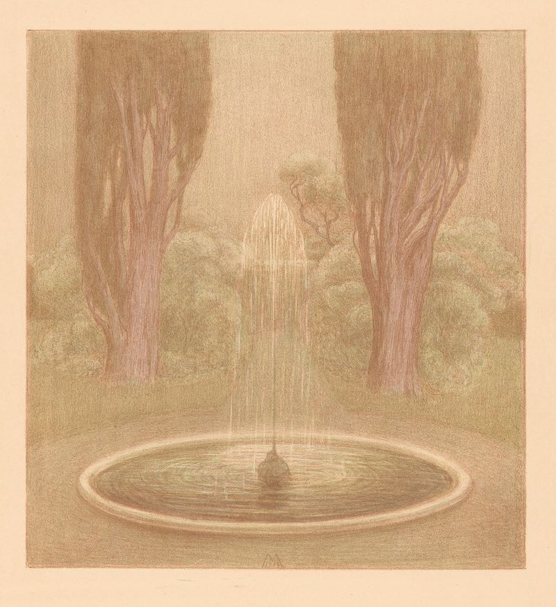 Fontein de Simon Moulijn, obra figurativa que muestra una fuente brillante con agua, pintura al óleo