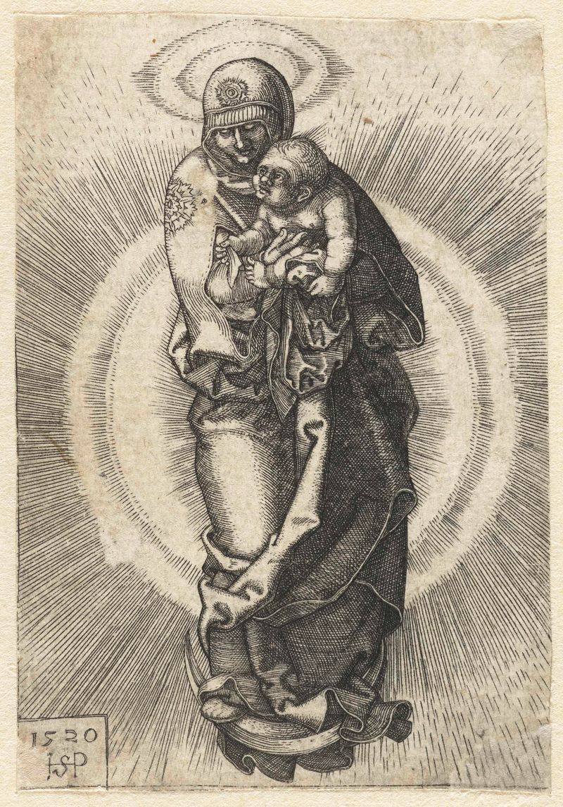 Gravura de Hans Sebald Beham retratando Maria e a criança em uma lua crescente.