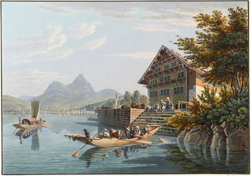 Pintura de paisagem a óleo de Gabriel Lory o Jovem com colinas e um lago