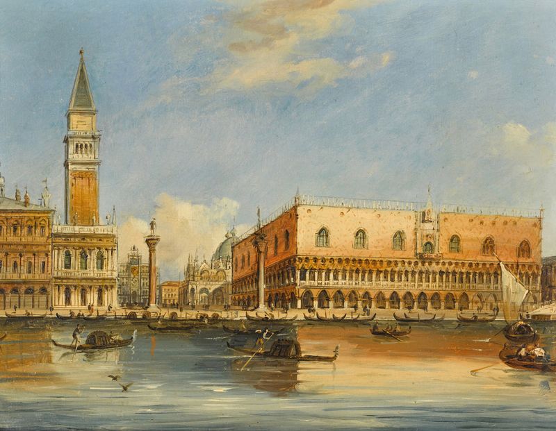 Venetian View I by Carlo Grubacs, oil painting depicting a tranquil landscape with water reflections.