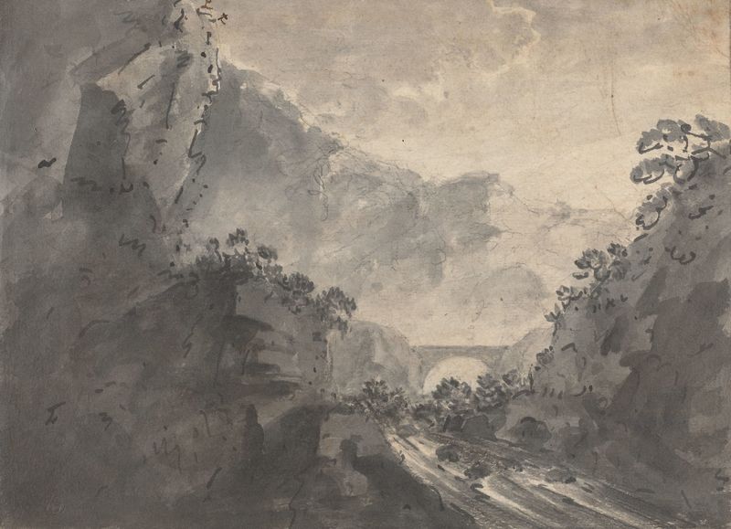 A Picturesque Landscape de William Gilpin, óleo sobre tela, apresentando colinas onduladas e um céu tranquilo.
