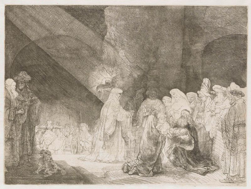 Gravura de Rembrandt van Rijn mostrando um casal apresentando seu filho em um templo com luz de vela