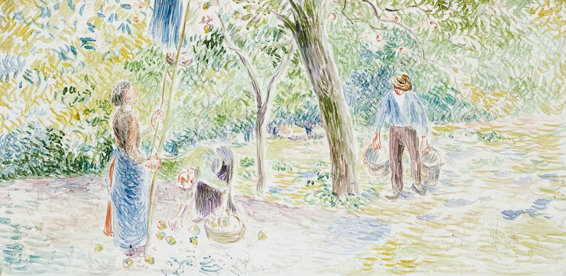 La cueillette des pommes, pintura a óleo de Camille Pissarro que retrata a colheita de maçãs em um cenário rural.