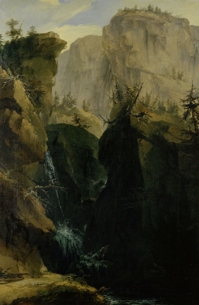Canyon with Waterfall, óleo sobre tela de Caspar Wolf, retratando uma cachoeira e penhascos rochosos.