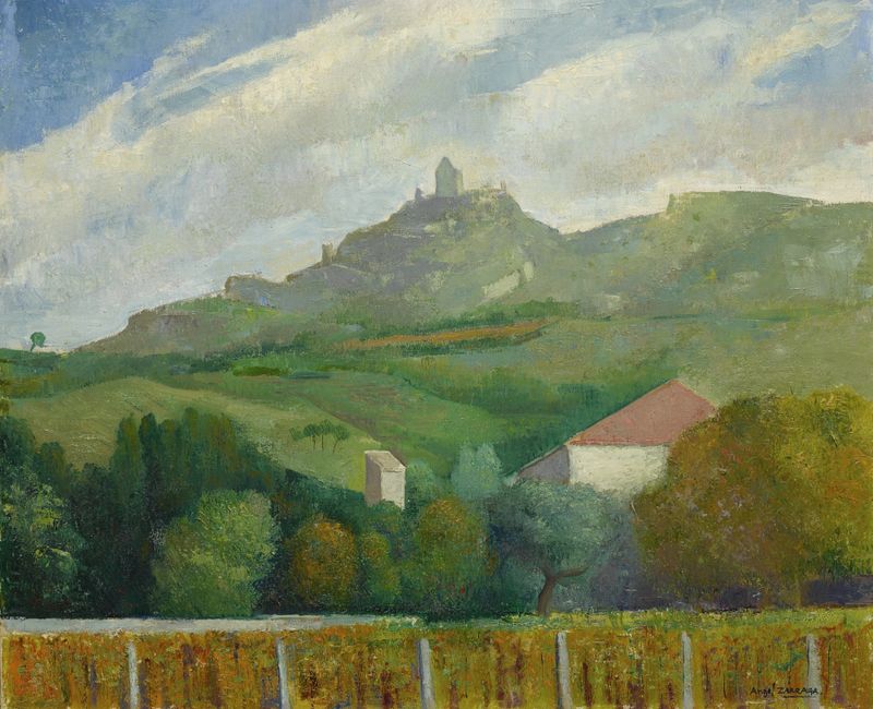 Paysage d’été de Ángel Zárraga, óleo sobre lienzo que representa un paisaje veraniego vibrante con árboles.